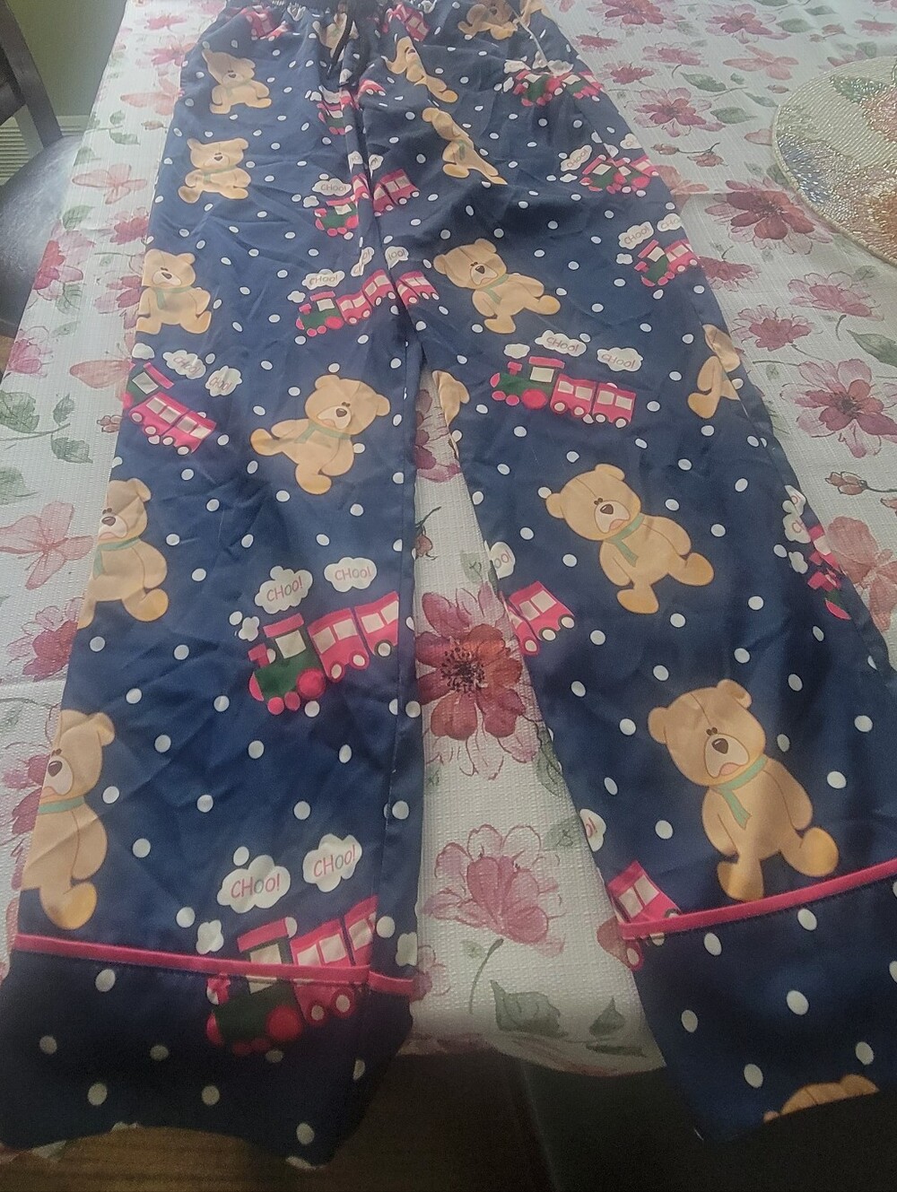 K Pop Demon Hunters Navy Teddy Bear & Train Pajama Pants with Pink Trim